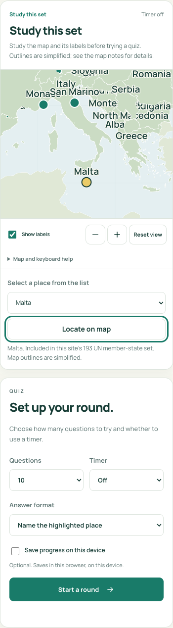 Malta selected in Learn at a 390 px viewport, using the place list and keyboard controls.