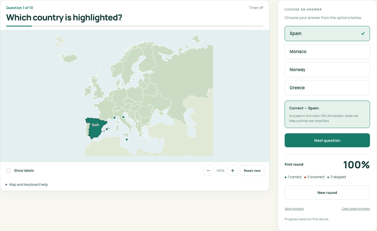 A Countries of Europe round after an answer, showing feedback and Next question. Your question order will vary.